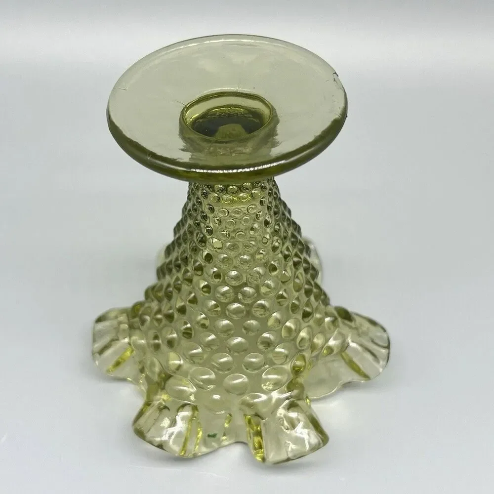 VTG Fenton Glass Hobnail Trumpet Vase Colonial Green 4” Ruffled Edge Footed 3952